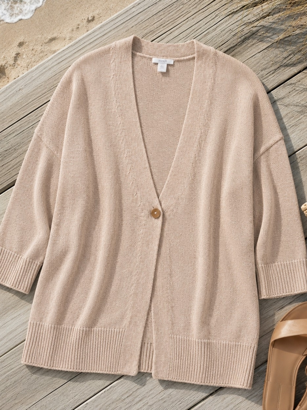 J.Jill Pure Jill M Tall Blush Beige Coastal Cardigan Cotton Relaxed Sweater - Picture 2 of 6